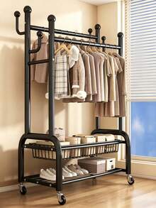 Double‑Pole Floor‑Standing Movable Coat Rack With Universal Casters For Easy Movement, Side Hooks, Double‑Layer Storage Space, Thickened Stable Tubing, Available In Black And White, Provides Large‑Capacity Storage For Clothes, Hats And Shoes - A - View 3