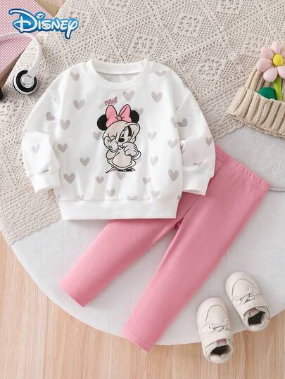 Disney Authorized Baby Girl Sweatshirt Set, Spring/Autumn Infant Clothing, Vibrant Sporty Style White Long Sleeve Sweatshirt + Pink Long Pants 2-Piece Set, All-Over Heart Minnie Mouse Print Top + High-Waist Leggings, Suitable For Babies Under 3 Years Old, Versatile For Daily Wear, Casual Outings, Vacation, Gatherings And Parties