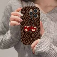 1pc Leopard Print Cherry 1314151617ProMax Phone Case For Apple 12/11 - Burgundy - View 5