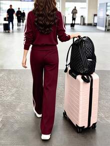Comfortable Black 2 Pieces Sports Set, Women's, Zip-Up Top With Drawstring Pants, Slightly Elastic Fabric - Burgundy - View 4
