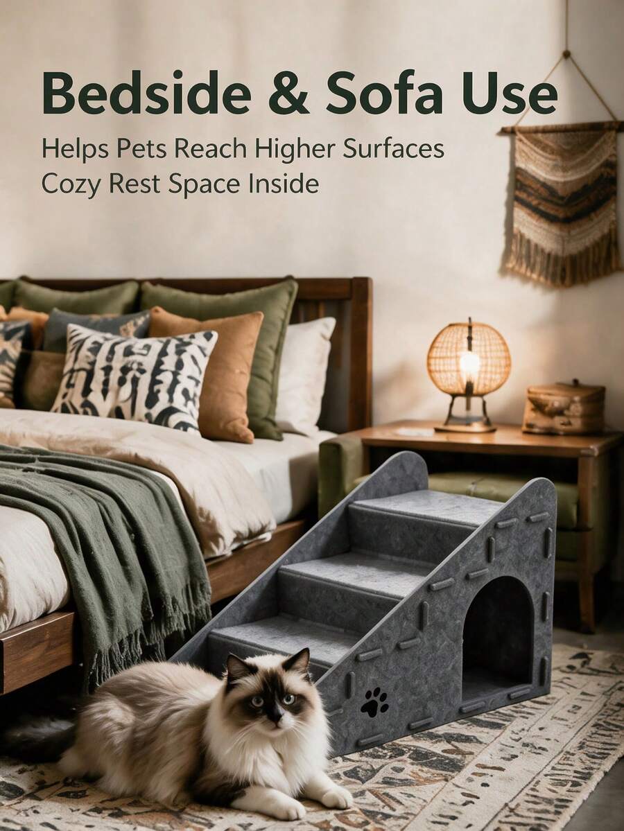 1pc Upgraded 3-In-1 Multifunctional Pet Stairs, 4-Step Ladder, Detachable Dog Ramp, Also Can Be Used As Cat Bed, Cat Scratching Post, 4-Layer Ramp, Made Of Durable And Stable Felt Material, Suitable For Sofa, Anti-Slip Pet Steps, Extra Wide And Deep Dog Steps