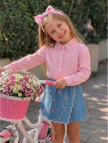 2pcs Girls Luxury Exquisite Rhinestone Embellished Turn-Down Collar Puff Sleeve Blouse And Butterfly Embroidery Denim Skirt Set, Spring/Autumn - Pink - View 2