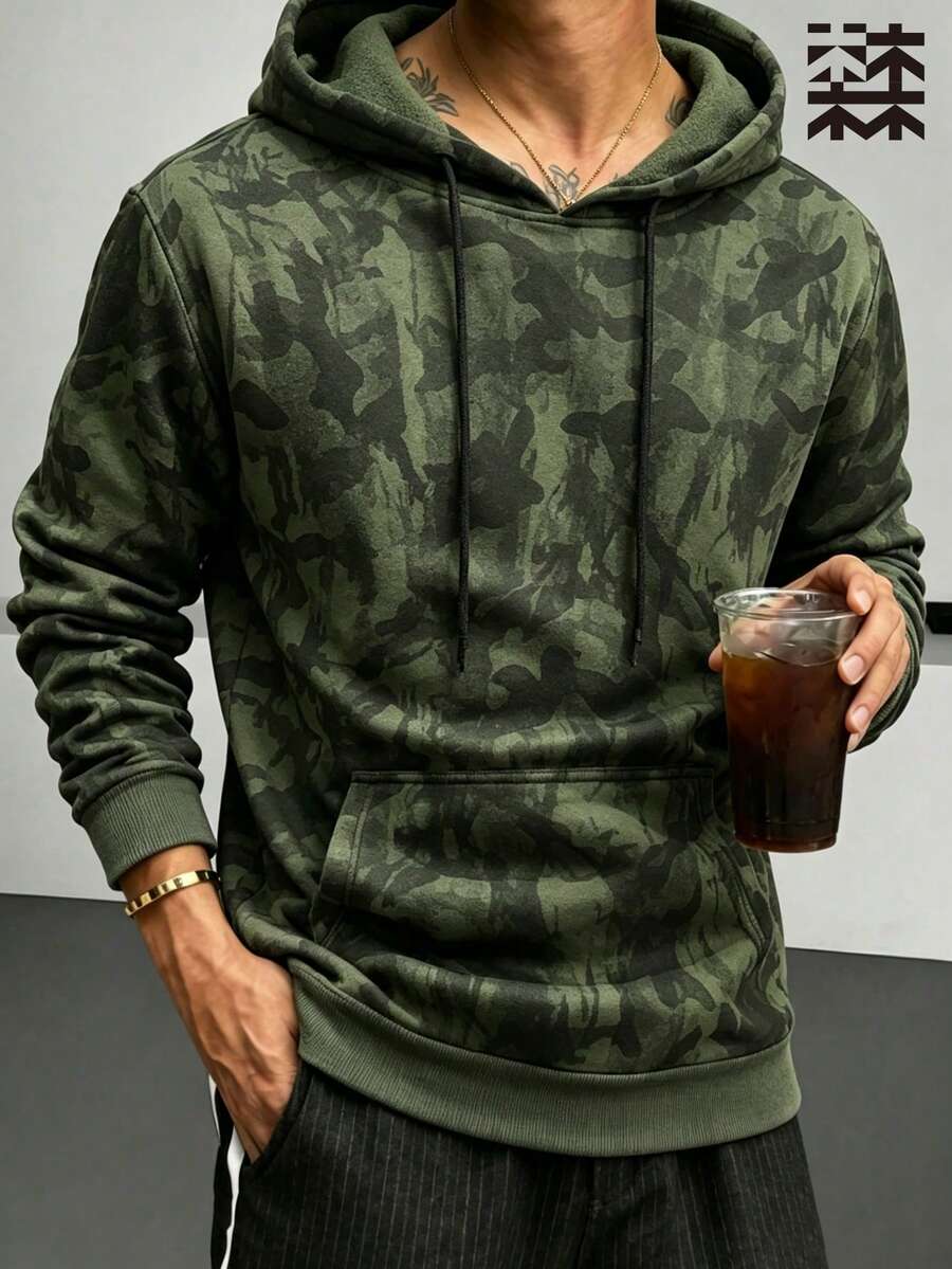 mulinsen Men's Camouflage Fleece Sweatshirt, Autumn/Winter Style, Thick Kangaroo Pocket Drawstring Loose Casual Pullover - Army Green - View 1