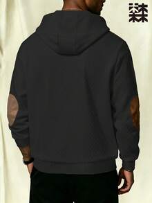 mulinsen Men's Argyle Hooded Sweatshirt, Vintage Henley Button Elbow Patch Casual Long Sleeve Pullover - Black - View 5
