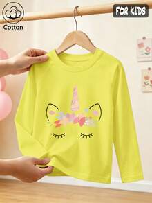 Girls Cotton Raglan Long Sleeve Tee For Fall Winter, Cartoon Unicorn Print With Closed Eyes And Floral Decor, Cute Sweet Preppy Style - Bright Yellow - View 1