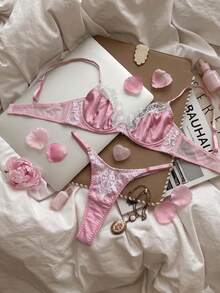 Women's Satin Lace Lingerie Set, Underwire Bra And Thong, Sweet Floral Eyelash Lace Lingerie - Pink - View 7