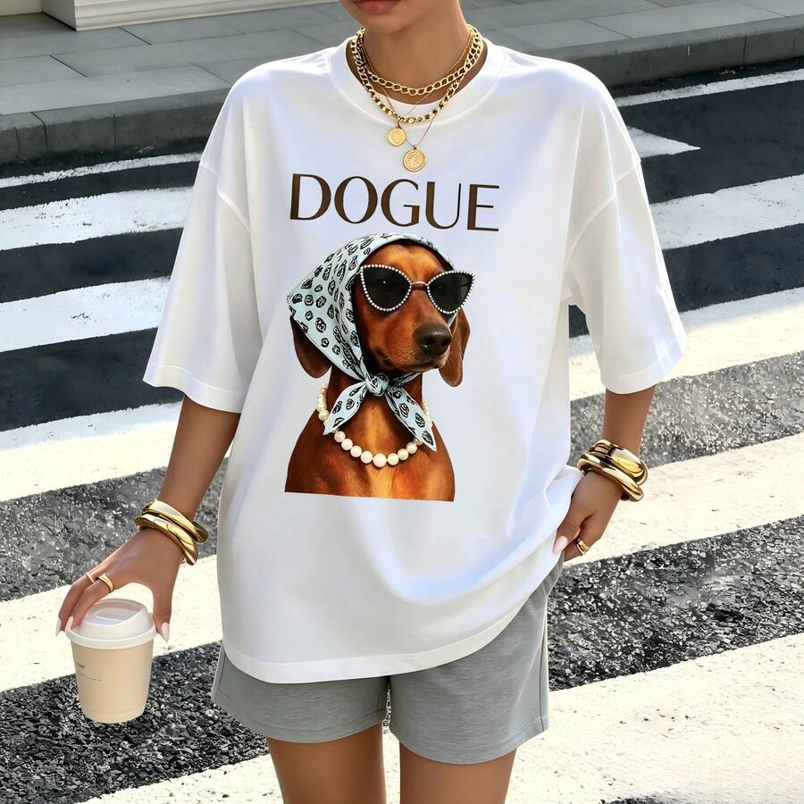 Casual Cotton Stylish Dachshund Dog Graphic Print Crew Neck T‑Shirt Street Travel Vacation Daily Wear All Season Loose Tee - White - View 1