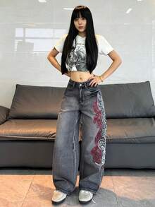 1件女款寬鬆刺繡寬腿牛仔褲，舒適休閒高街時尚長褲（不含腰帶/配件）春季黑色秋季 - 黑色 - 查看 7
