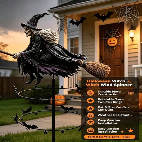 1pc 31.88 Inch Halloween Magic Witch Garden Wind Spinner Stake, Halloween Broom Witch Outdoor Garden Decor, Made Of Iron Material, Sturdy And Durable. Decorated With Witch Pattern, Halloween Witch Hat, Halloween Broom And Halloween Bat. Scary Halloween Yard Wind Spinner Decoration, Fun Halloween Arrangement - Witch Riding Broom Flying Yard Decor. Halloween Ornament