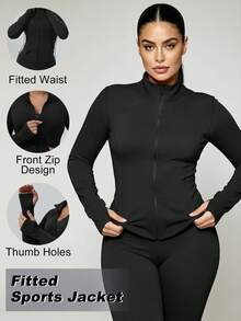 Women's Plus Size Sports Jacket, Solid Color Front Zipper With Pockets Sports Jacket, Long Sleeve Casual Lightweight Jacket, Casual Sports Lightweight - Black - View 4