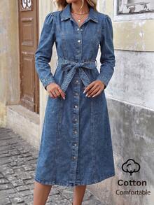 Women's Traceable Cotton Cinched Waist Long Denim Dress Casual - Blue - View 1