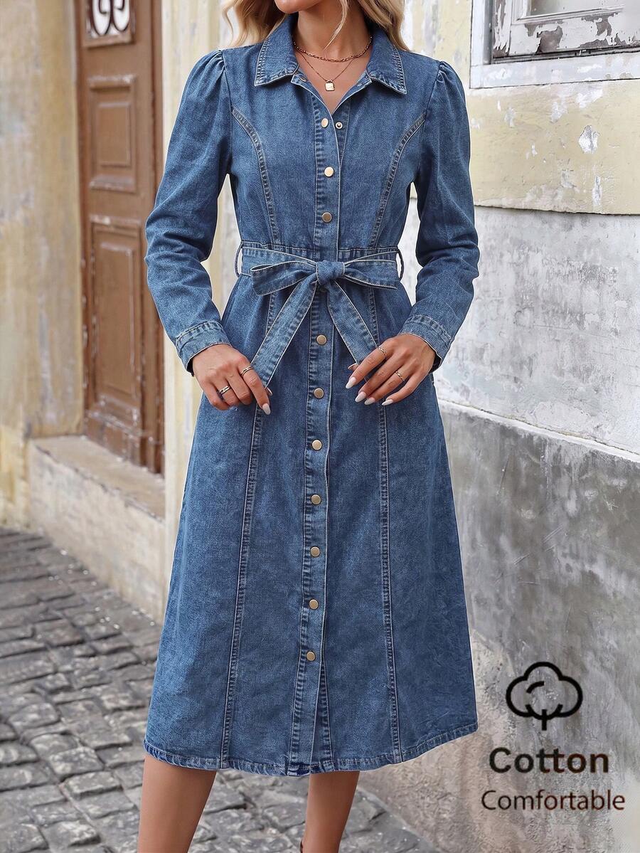 Women's Traceable Cotton Cinched Waist Long Denim Dress Casual - Blue - View 1