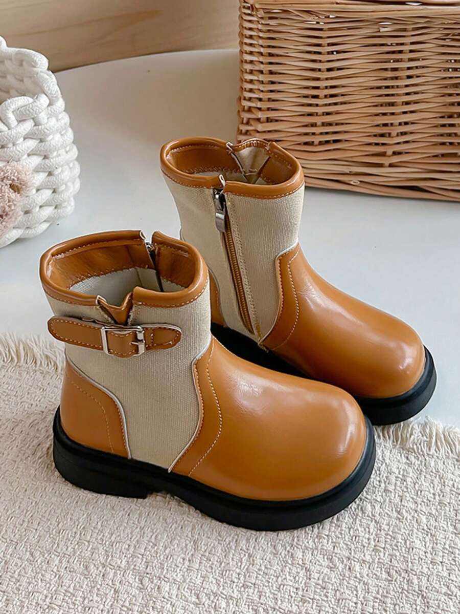 Girls' Patchwork Knit Ankle Boots With Metal Buckle Side Zipper Thick Sole Vintage Fashion Autumn/Winter Versatile Work Boots - Yellow - View 1