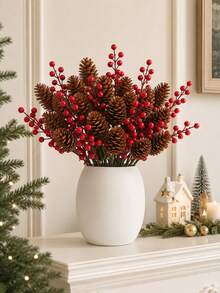 40pcs Pine Cone And Red Berry Decorations | Realistic Plastic Branch Christmas Tree Decor | Winter Wedding And Wreath Centerpiece Decorations | Durable Pine Cone And Red Berry Ornaments | Holiday Berry Wreath Accessories - Multicolor - View 3