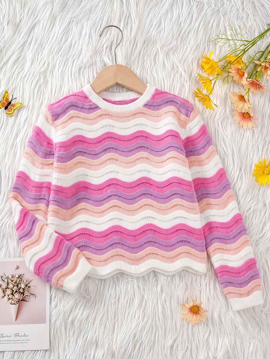 1pc Girls Macaron Pink Purple Wavy Hollow Knit Sweater, 3D Textured Loose Round Neck Children's Base Layer Knit Top - Pink - View 1
