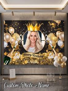 1pc - Customized Happy Birthday Backdrop, Large Size Personalized Birthday Banner Background, Can Print Name And Photo, Customized Black & Gold Theme Printed Poster, Shiny Black Background With Gold Glitter Elements, Celebrate 50th Birthday, Multi-Functional Party Tapestry Home Decor Personalized Birthday Party Customized Photo And Name Poster - Suitable For Party Decoration - Multicolor - View 2