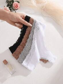 4pcs Solid Color Lace Patchwork Ribbed Cotton Women's Thong Panties, Mature Romantic Sexy Ladies Underwear - Multicolor - View 6