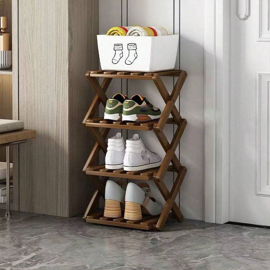 1pc Bamboo Minimalist No-Assembly Folding Shoe Rack, Entryway Storage Shelf, Multi-Layer Options, Suitable For Small Rooms And Student Dorms - Brown - View 1