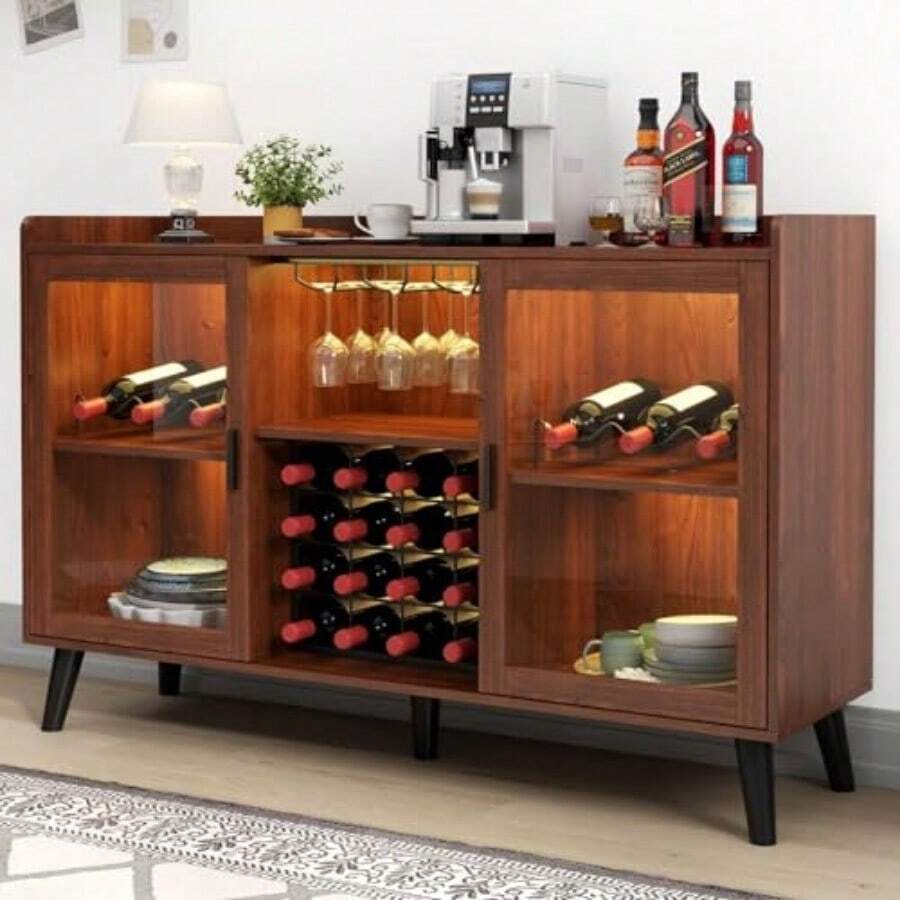 Armario de Bar de Vinos con Luz LED Gabinete de Licor - Marrón - Ver 1