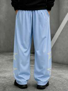 Krometka Men's Side Stripe & Star Print Wide Leg Sweatpants, Drawstring Elastic Waist Loose Straight Leg American Casual Sports Long Pants - Blue - View 4
