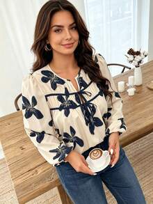 Printed Long-Sleeve Blouse With Tie Straps For Spring & Fall, Minimalist Bohemian Style For Beach And Daily Outfits Vacation - Multicolor - View 1