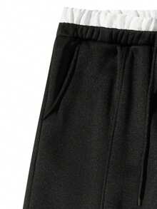 Men's Double Waistband Wide Leg Sweatpants, Fleece Lined, Drawstring Elastic Waist, Casual Loose Fit With Pockets, Streetwear Style For Daily Wear - Black - View 5