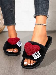 1 Pair Women's Heart-Shaped Plush Slippers, Open Toe Fluffy Flat Sandals, Comfortable Indoor Outdoor Home Slippers - Black - View 4