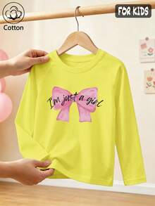 Girls Cotton Raglan Long Sleeve Tee For Fall Winter, Pink Bow Print With Black Lettering, Sweet Preppy Style - Bright Yellow - View 1