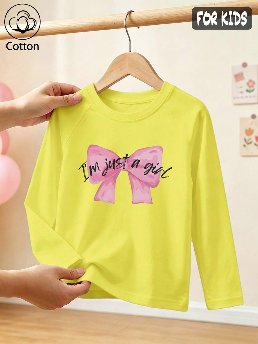Girls Cotton Raglan Long Sleeve Tee For Fall Winter, Pink Bow Print With Black Lettering, Sweet Preppy Style - Bright Yellow - View 1