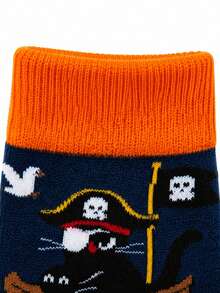 1 Pair Of Crew Sock, Men Funny Graphic Socks, Pirate Black Cat Treasure Chest Ocean Pattern Socks, Soft Breathable, Halloween Christmas Gift For Men - Multicolor - View 5