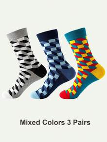 1/3/6 Pairs Men's Retro Geometric Argyle Mid-Calf Socks, Soft Breathable Classic Color Block Design Dress Socks, Suitable For Daily Casual Wear And Office - Multicolor - View 9