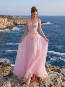 Anymoon Women's Ruched Bust Floral Embroidered Contrast Mesh High Waist Long Evening Gown - Pink - View 3