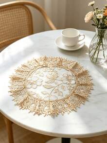2/4/6/12/24PC Luxury Hollow Lace Round Placemats, Floral Embroidered Table Mats, Suitable For Home Dining Table, Wedding, Theme Festival Decoration - milk coffee color - View 2