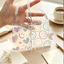 Cute Smile & Heart Pattern Transparent Acrylic Wavy Edge ID Card Holder With Spring Ring Wrist Strap, Suitable For Student Campus Card, Meal Card, Metro, Bus And Elevator Card, Card Holder Protective Case, Bag Decoration - Multicolor - View 5