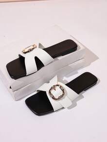 Women's Comfortable Wear-Resistant Rhinestone Metal Round Buckle Solid Color No Pattern Square Toe Cross Wide Strap Flat Slide Sandals European And American Fashion Style Daily Beach Outing Summer White Faux Leather Slip-On Slippers - White - View 8