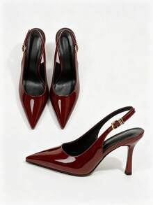 Women's Black Patent Leather Pointed Toe Stiletto High Heels, Elegant Closed-Toe Lace-Up Evening Dress Shoes With Ankle Strap - Burgundy - View 5
