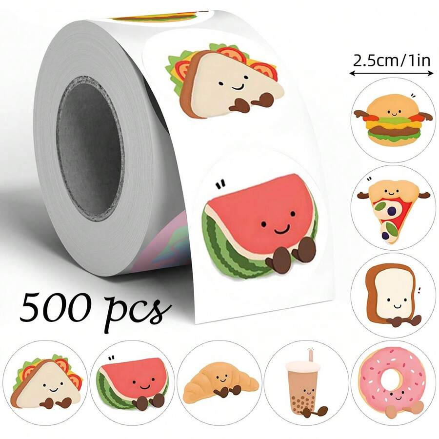 500pcs Cartoon Food Doodle Roll Stickers, 1 Inch Round, 8 Patterns Including Sandwich, Watermelon, Burger, Pizza, Bread, Croissant, Milk Tea, Suitable For Bakery Gift Box Sealing, Souvenir Packaging, Scrapbooking, Children Reward Stickers, Creative Express Packaging, Market Stall Decoration - Multicolor - View 1