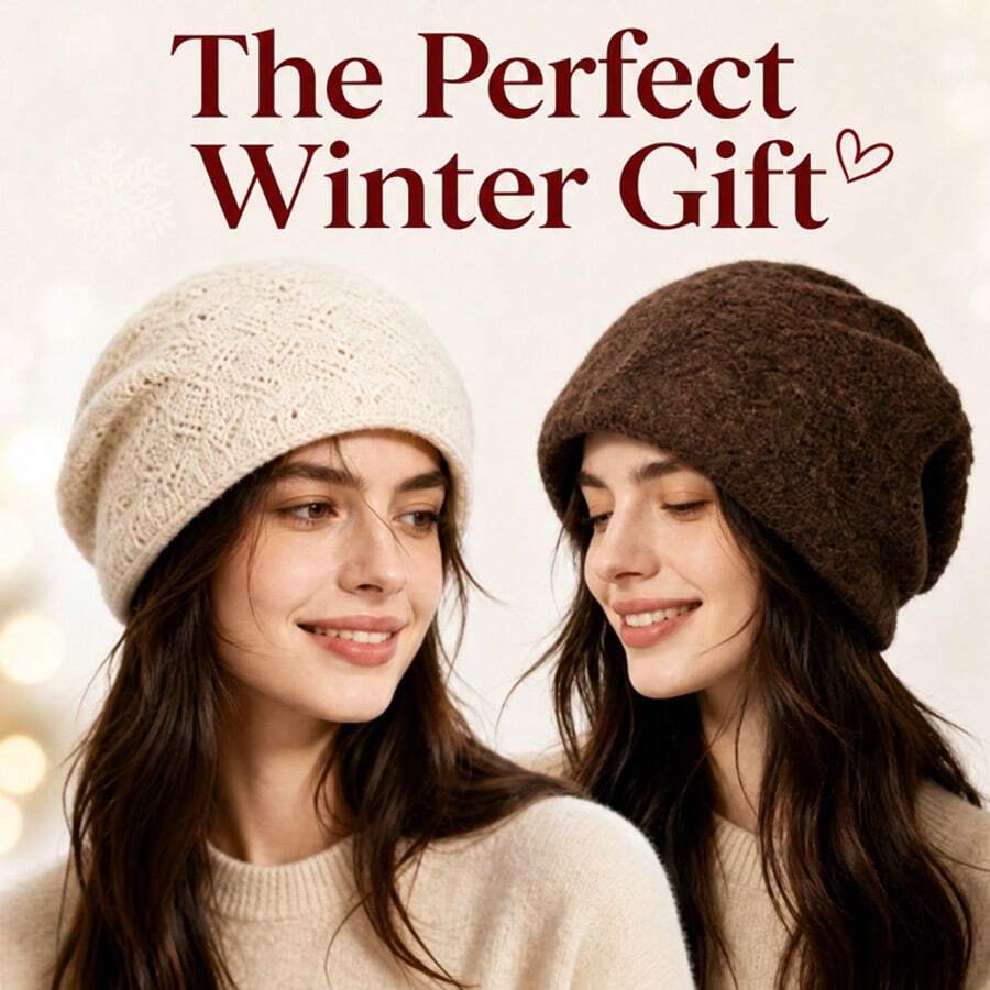 Minimalist Vintage Hollow Cable Knit Beanie, Oversized Fit, Face-Slimming, Ear-Covering Warm Hat For Shopping, Commuting, Travel, Matching With Coats And Sweaters - Multicolor - View 1