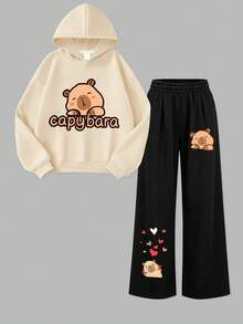 Cute Cartoon Style Girls 2 Pieces Sports Set, Capybara Pattern Cropped Hoodie + Heart Cartoon Wide Leg Pants, Spring/Autumn - Apricot - View 2