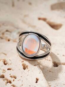 1pc Exquisite Vintage Rainbow Artificial Moonstone Geometric Ring For Women, Suitable For Daily Commute, Party And Banquet Wear - Silver - View 3