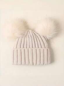 Autumn/Winter Minimalist Versatile Warm Double Pom-Pom Solid Color Kids Knitted Hat & Gloves Set, 2pcs/Set - 2pcs - View 8