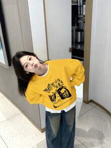 Autumn/Winter American Retro Portrait Letter Print Crew Neck Sweatshirt For Women, Lazy Casual Versatile Loose Fit Top - Yellow - View 3