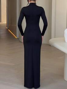 Sexy High Slit Solid Long Hollow Design Dress Woman Half High Collar Hollow Design Midnight Party Elegant - Black - View 6