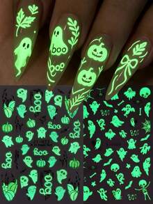 2pcs Halloween Glow-In-The-Dark Ghost Nail Stickers, Cute Mini "Boo" And Ghost Pattern, Self-Adhesive Nail Art Decoration Stickers, Halloween Shiny Party Nail Decor, DIY 3D Nail Salon Stickers - Multicolor - View 16