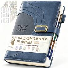2027 A5 Hardcover Planner 400 Pages, 2027 Jan-Dec Daily/Monthly Dual View, Habit Tracker Password Log, Flat Lay Magnetic Closure, Includes 5 Stickers, Work Home Daily Organizer - A5 - View 2