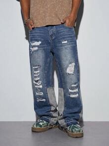 Modcrash Men's Button Distressed Jeans, Simple & Fashionable For Daily Wear Fall/Autumn/Winter - Blue - View 1