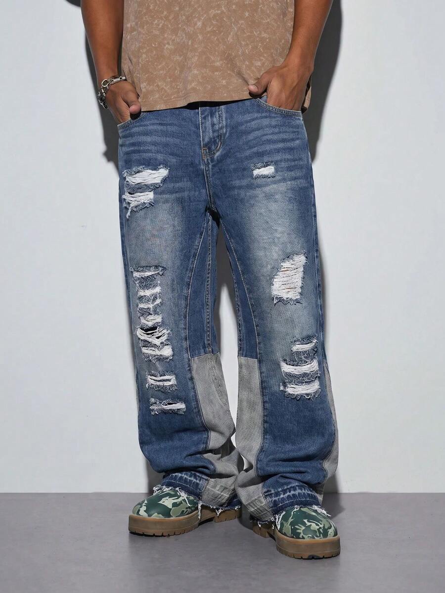 Modcrash Men's Button Distressed Jeans, Simple & Fashionable For Daily Wear Fall/Autumn/Winter - Blue - View 1