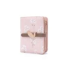 PRETTYZYS 1pc Pink Short Wallet Cute Fresh Minimalist Printed Bi-Fold Zipper Coin Purse With ID Window Metal Leaf Design Student Wallet Back To School Valentine's Day Gift Daily Travel Christmas Gift - Pink - View 7