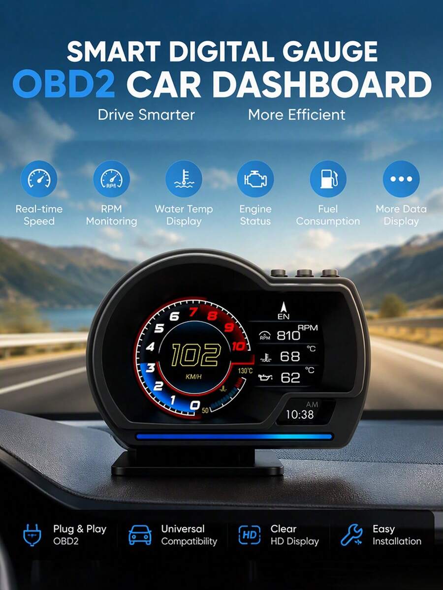 OBD + GPS HUD P24 Car OBD Head-Up Display HUD Car Computer Digital Speedometer Water Temperature Fuel Consumption Slope Meter