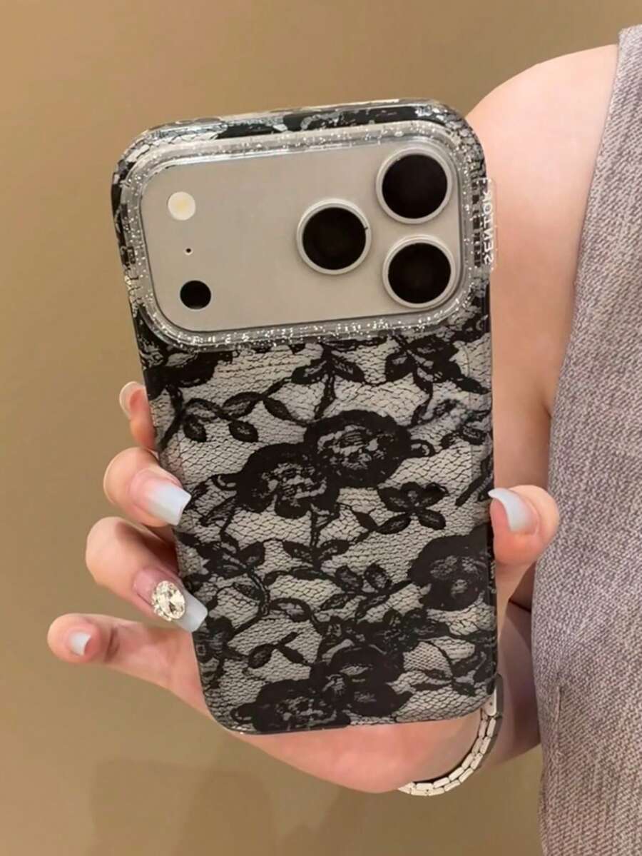 Niche Lace Mesh Glitter Full Coverage Shockproof Phone Case For Women, Compatible With IPhone 17 Pro Max, 16, 15 Pro, 14, 13, Creative INS Style - Black - View 1